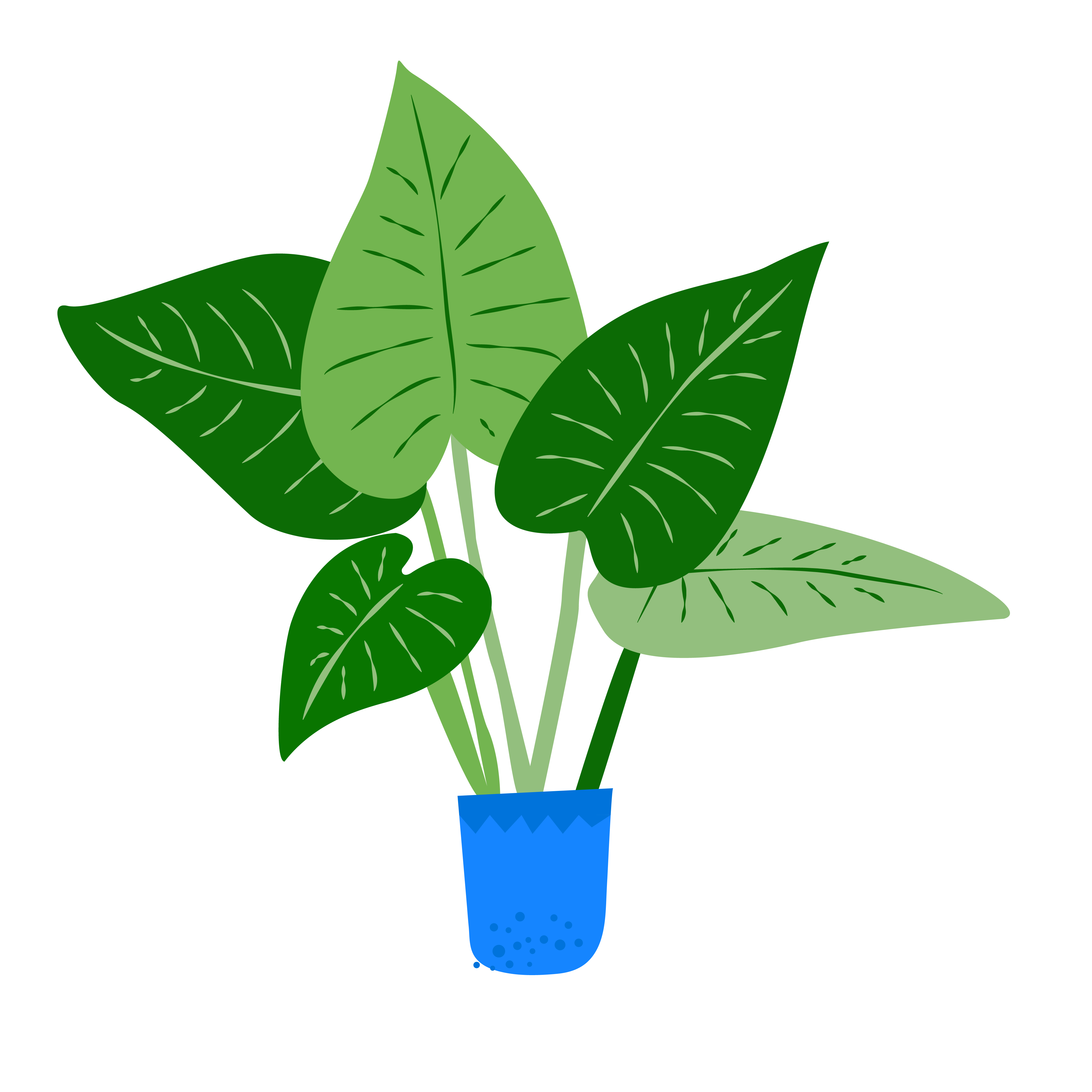 a large cartoon monstera plant in a blue pot