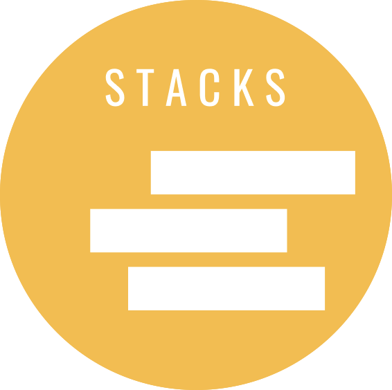 An image of the logo for Stacks. A round yellow logo with 3 white rectangles stacked horizontally with the word 'Stacks' above